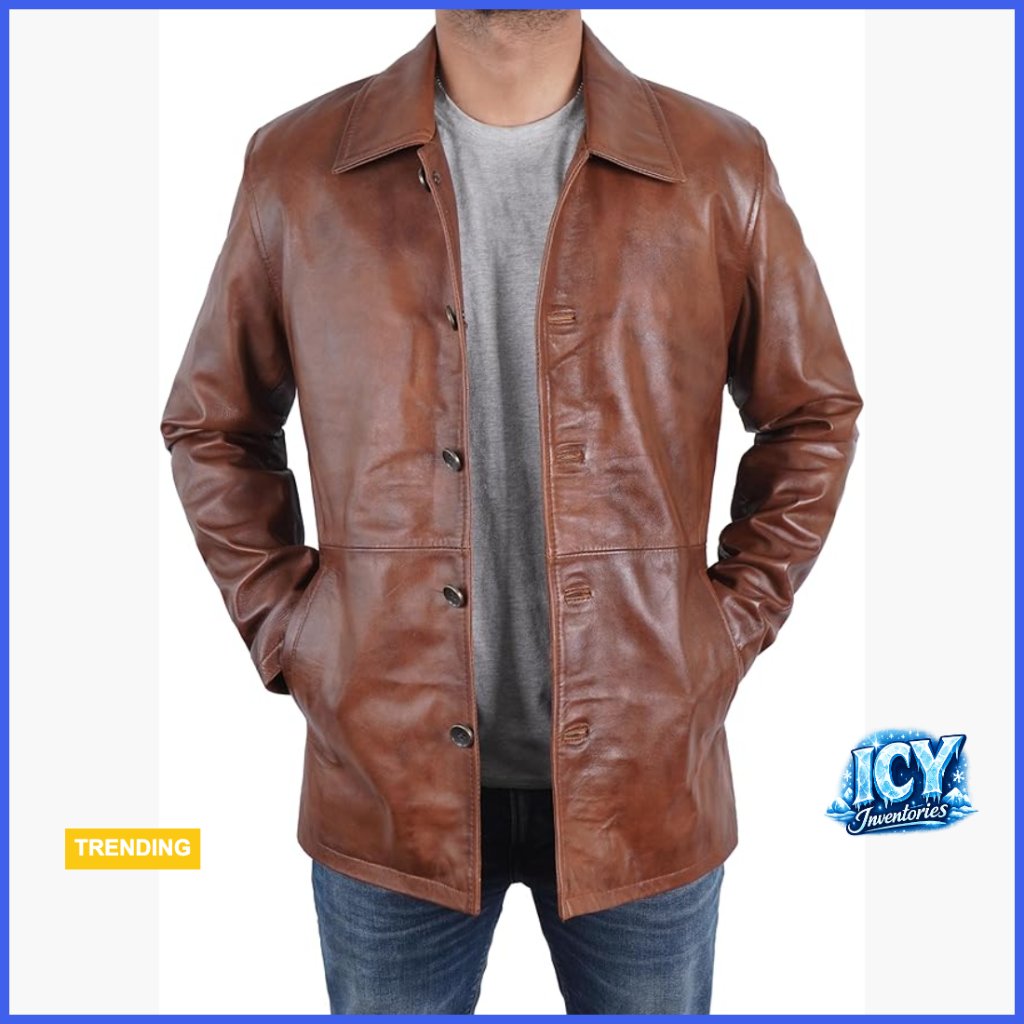 Men's Lambskin Leather Car Coat 3/4 Length Winter Jacket
